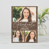 Rustisch bruin hout 3 foto's collage afstuderen aankondiging (Staand voorkant)