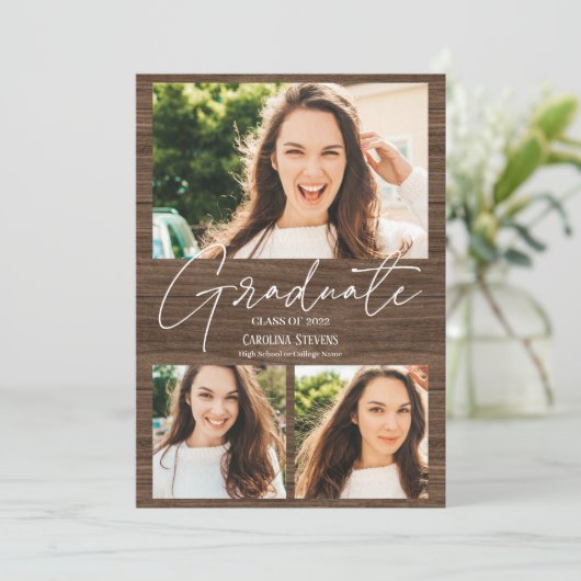 Rustisch bruin hout 3 foto's collage afstuderen aankondiging (Staand voorkant)