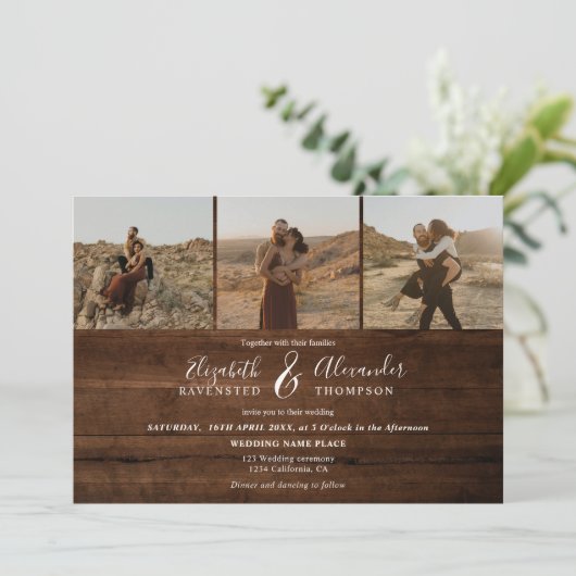 Rustisch bruin hout Elegant 4 Fysieke bruiloft met Kaart (Staand voorkant)