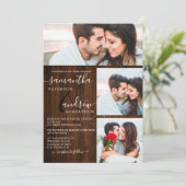 Rustisch bruin houtscript 3 foto's bruiloft kaart (Staand voorkant)