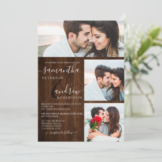 Rustisch bruin houtscript 3 foto's bruiloft kaart (Staand voorkant)