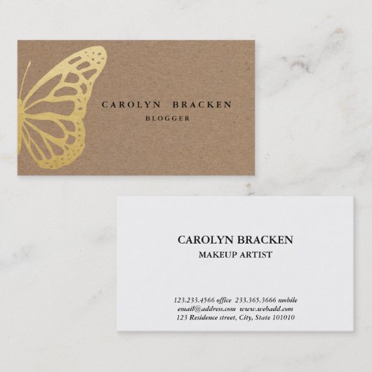 Rustisch bruin Kraft Paper Faux Gold Foil Butterfl Visitekaartje (Voorkant / Achterkant)