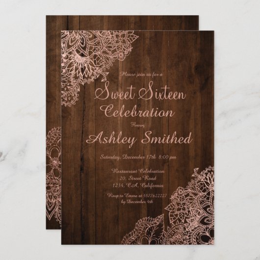 Rustisch bruin roos goudflora Sweet 16 Kaart (Voorkant / Achterkant)