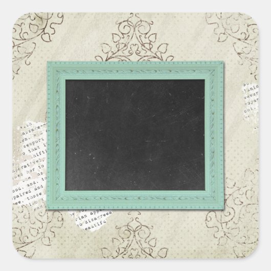 Rustisch Chalkboard Geplakt Aqua op Damask Vierkante Sticker (Voorkant)