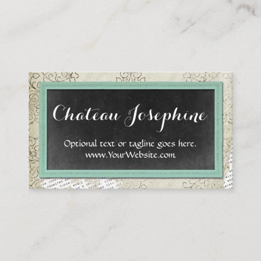 Rustisch  Chalkboard Geplakt Aqua op Damask Visitekaartje (Voorkant)