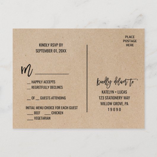 Rustisch Chic Faux Kraft Menu Keuze RSVP-Briefkaar (Achterkant)