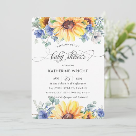 Rustisch Chic Sunflower Blue Floral Baby shower  Kaart (Staand voorkant)