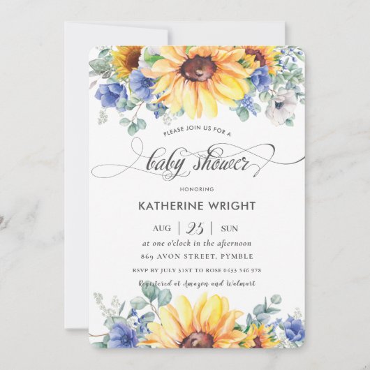 Rustisch Chic Sunflower Blue Floral Baby shower  Kaart (Voorkant)