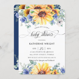 Rustisch Chic Sunflower Blue Floral Baby shower  Kaart