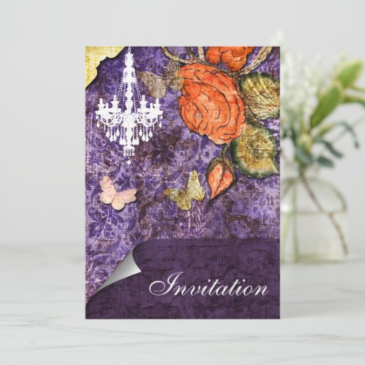 Rustisch Chinees Paars Roos bruiloft Kaart (Staand voorkant)