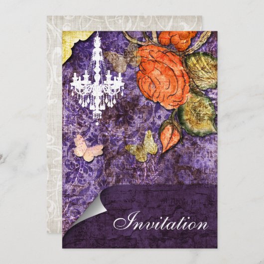 Rustisch Chinees Paars Roos bruiloft Kaart (Voorkant / Achterkant)