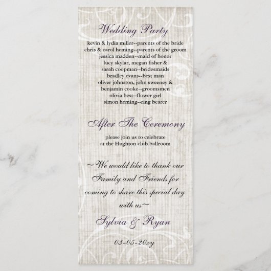 Rustisch Chinees Paars Roos bruiloft Programmakaart (Achterkant)