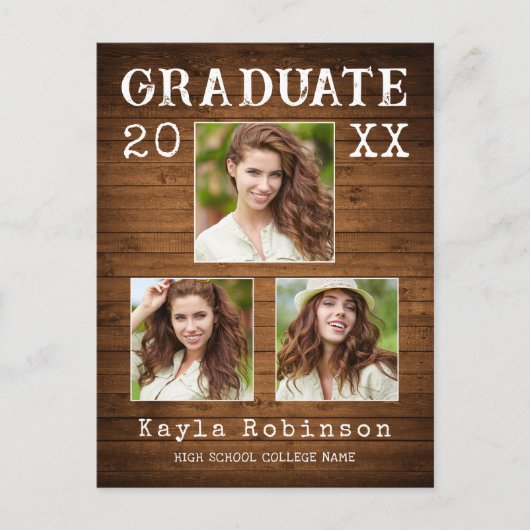 Rustisch country-hout print 3 foto-Afstuderen Briefkaart (Voorkant)