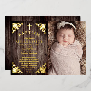 Rustisch Country Wood Baby Girl Foto Baptisme - Go Folie Uitnodiging