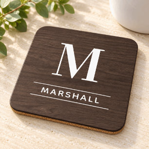 Rustisch donker bruin hout, aangepast monogram Ini Bier Onderzetter