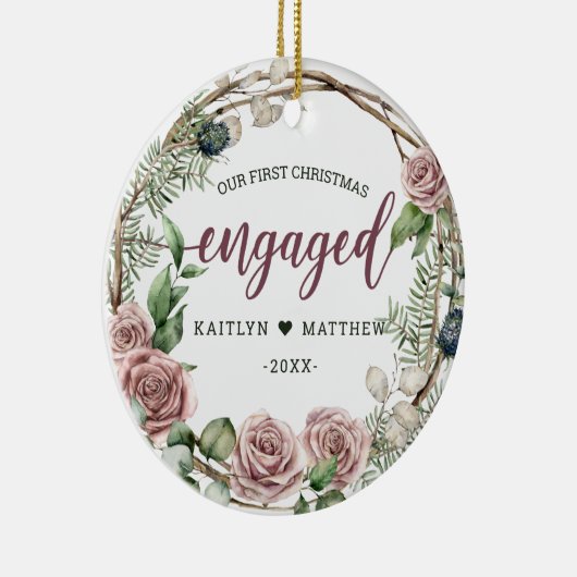 Rustisch Eerste jaar Geëngageerd Roze Floral Kerst Keramisch Ornament (Rechts)