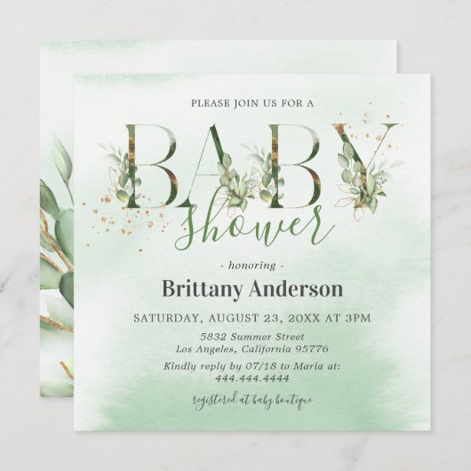 Rustisch Eucalyptus Gold Baby shower Kaart (Voorkant / Achterkant)