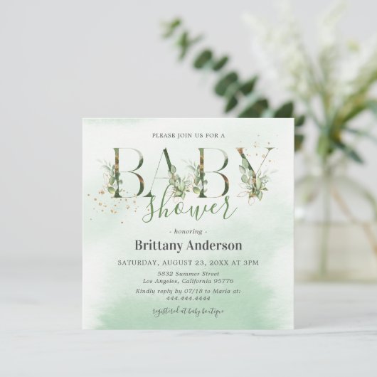 Rustisch Eucalyptus Gold Baby shower Kaart (Staand voorkant)