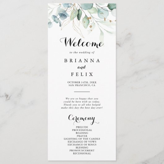 Rustisch Eucalyptus Gold Floral Wedding Programme Programmakaart (Voorkant)
