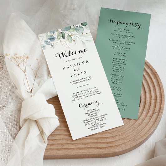 Rustisch Eucalyptus Gold Floral Wedding Programme Programmakaart