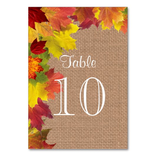 Rustisch Fall Leaves Burlap Wedding Table Number Kaart (Achterkant)