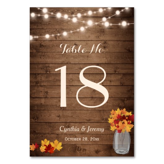 Rustisch Fall Leaves Lights Wedding Table Number Kaart (Achterkant)