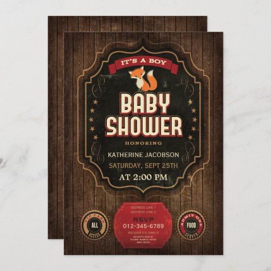 Rustisch Fox Baby shower  Chalkboard & Wood Kaart (Voorkant / Achterkant)