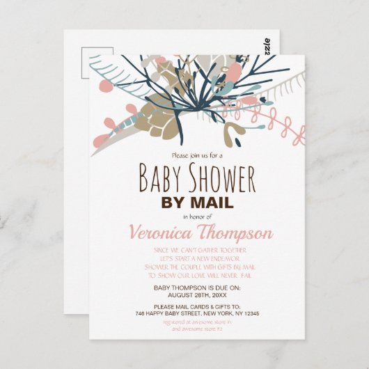Rustisch gebrand botanisch Baby shower per post ui Briefkaart (Voorkant / Achterkant)