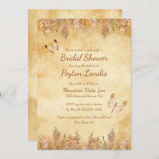 Rustisch geel Butterflies Pampas Vrijgezellenfeest Kaart (Voorkant / Achterkant)