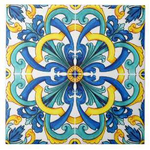 Rustisch geel en blauw Middellandse Zeegebied Tegeltje