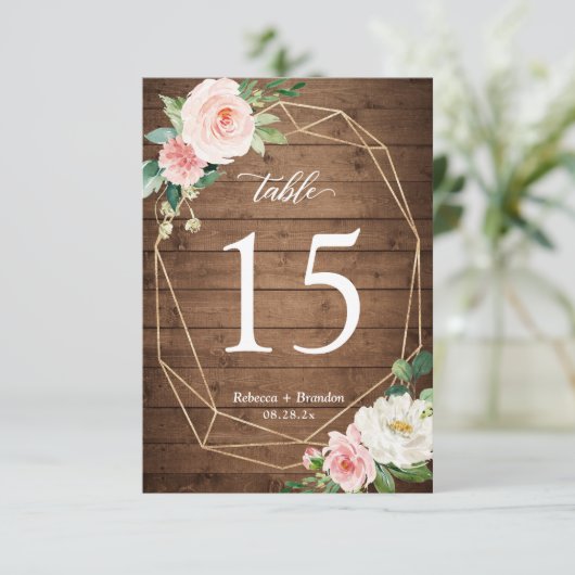 Rustisch Geometric Blush Floral Wedding Table Numb RSVP Kaartje (Staand voorkant)