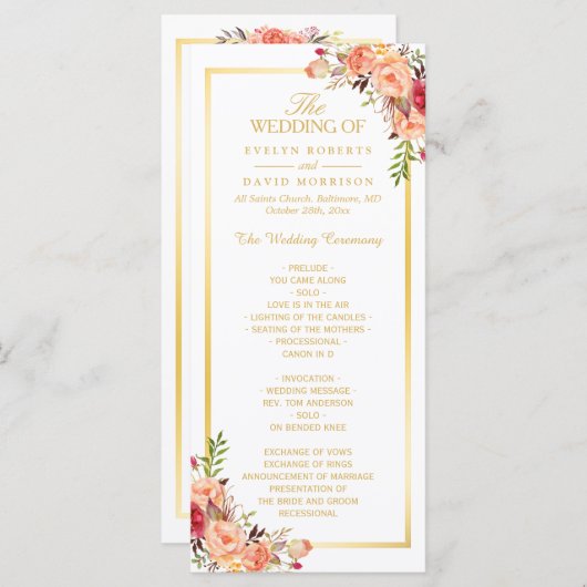 Rustisch Gold Oranje Floral Fall Wedding Programme Programmakaart (Voorkant / Achterkant)