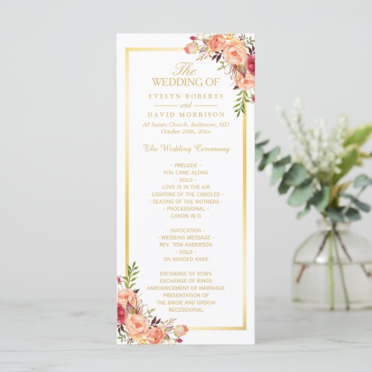 Rustisch Gold Oranje Floral Fall Wedding Programme Programmakaart (Staand voorkant)
