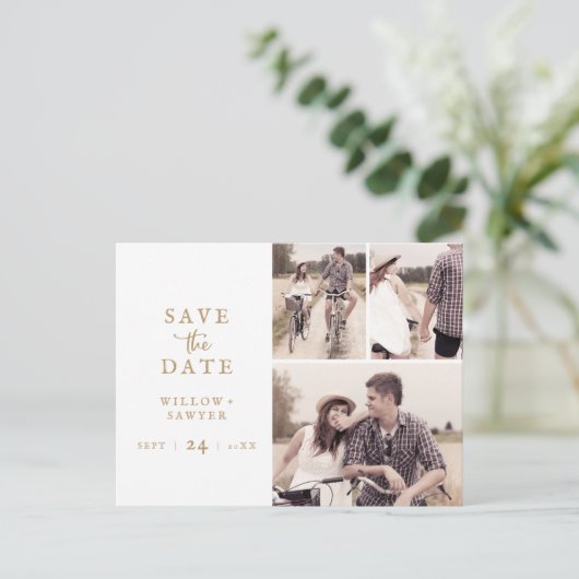 Rustisch Gold Script 3 Fotocollage bewaart de datu Uitnodiging Briefkaart (Staand voorkant)