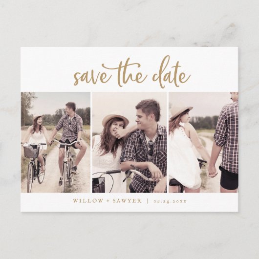 Rustisch Gold Script 3 Fotosjabloon Opslaan datum Uitnodiging Briefkaart (Voorkant)