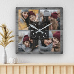 Rustisch grijs hout 4 Afbeeldingen familie fotocol Vierkante Klok<br><div class="desc">Upload je favoriete foto's om je eigen unieke,  gepersonaliseerde foto-cadeau voor het toetsenbord te maken.</div>
