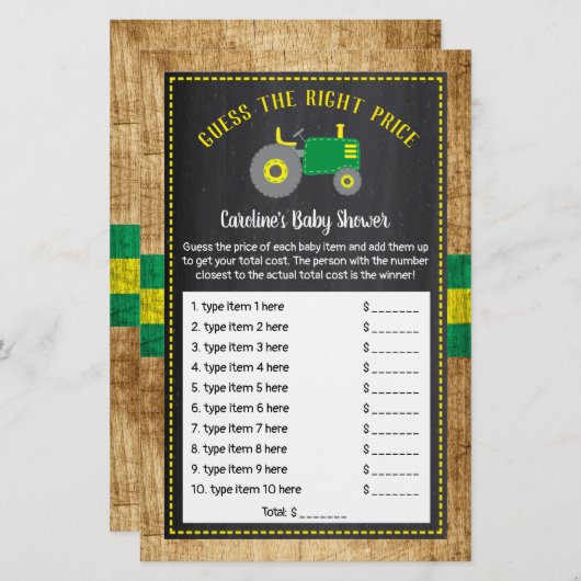 Rustisch groen Baby shower raad prijsspel (Voorkant / Achterkant)