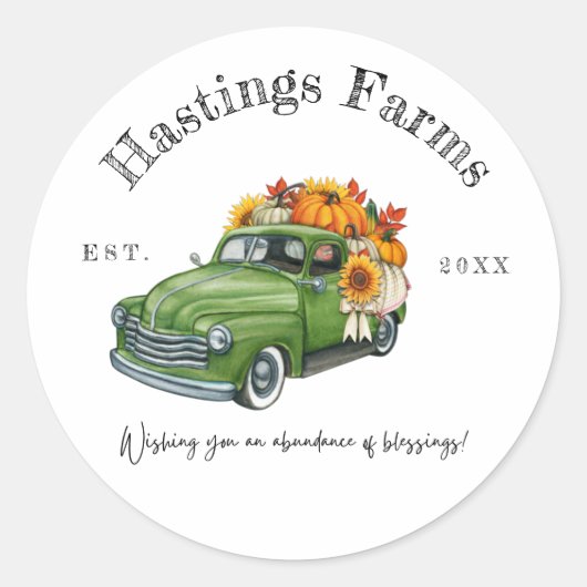 Rustisch Groen Boerderij Truck Thanksgiving Harves Ronde Sticker (Voorkant)