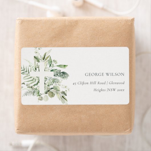 Rustisch Groen Eucalyptus Fern Foliage Cross-adres Etiket (Insitu)