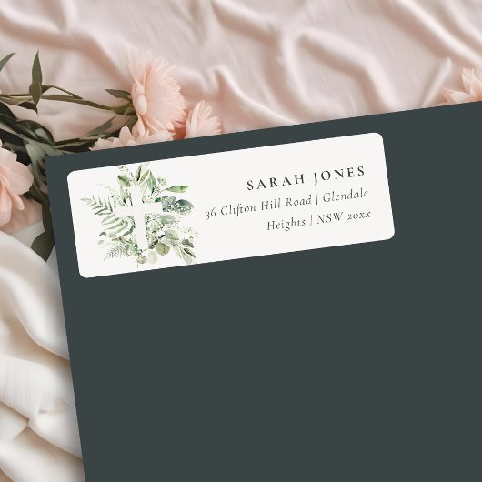 Rustisch Groen Eucalyptus Fern Foliage Cross-adres Etiket