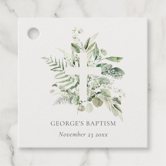 Rustisch Groen Eucalyptus Fern Foliage Cross Bapti Bedankjes Labels (Voorkant)