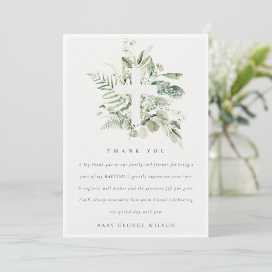 Rustisch Groen Eucalyptus Fern Foliage Cross Bapti Bedankkaart (Staand voorkant)