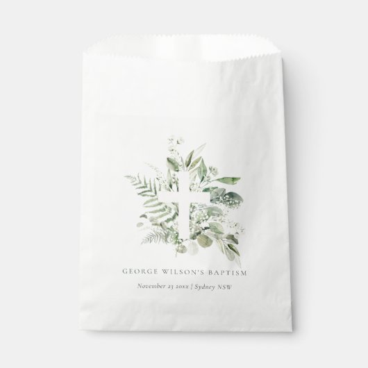 Rustisch Groen Eucalyptus Fern Foliage Cross Bapti Bedankzakje (Voorkant)
