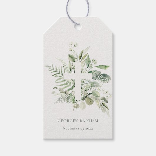 Rustisch Groen Eucalyptus Fern Foliage Cross Bapti Cadeaulabel (Voorkant)
