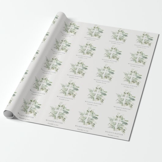 Rustisch Groen Eucalyptus Fern Foliage Cross Bapti Cadeaupapier (Uitgerold)