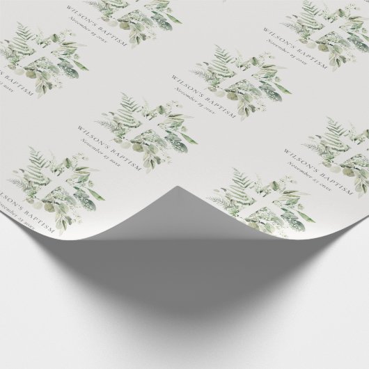 Rustisch Groen Eucalyptus Fern Foliage Cross Bapti Cadeaupapier (Hoek)