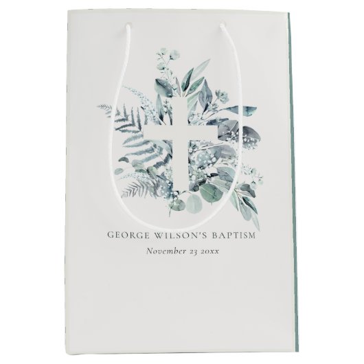 Rustisch Groen Eucalyptus Fern Foliage Cross Bapti Medium Cadeauzakje (Voorkant)