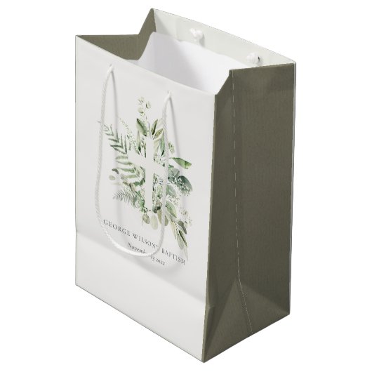 Rustisch Groen Eucalyptus Fern Foliage Cross Bapti Medium Cadeauzakje (Voorkant Gekanteld)