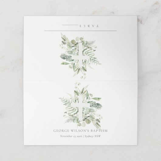 Rustisch Groen Eucalyptus Fern Foliage Cross Bapti Plaatskaartje (Buitenkant ongevouwen)