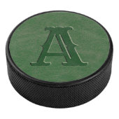 Rustisch groen Initiaal van lederen textielmonogra Hockey Puck (3/4)